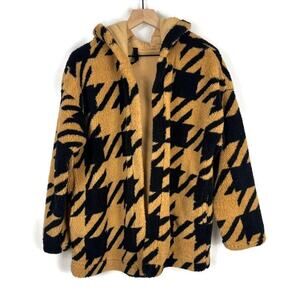 Houndstooth Teddy Bear Hooded Jacket | Open Front | Tan & Black Women's L